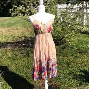 Vasna summer dress. Tan floral print. Small